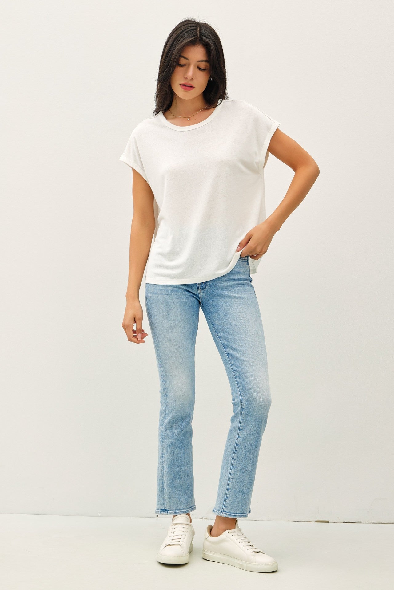 White Linen Blend Short Sleeve Tee