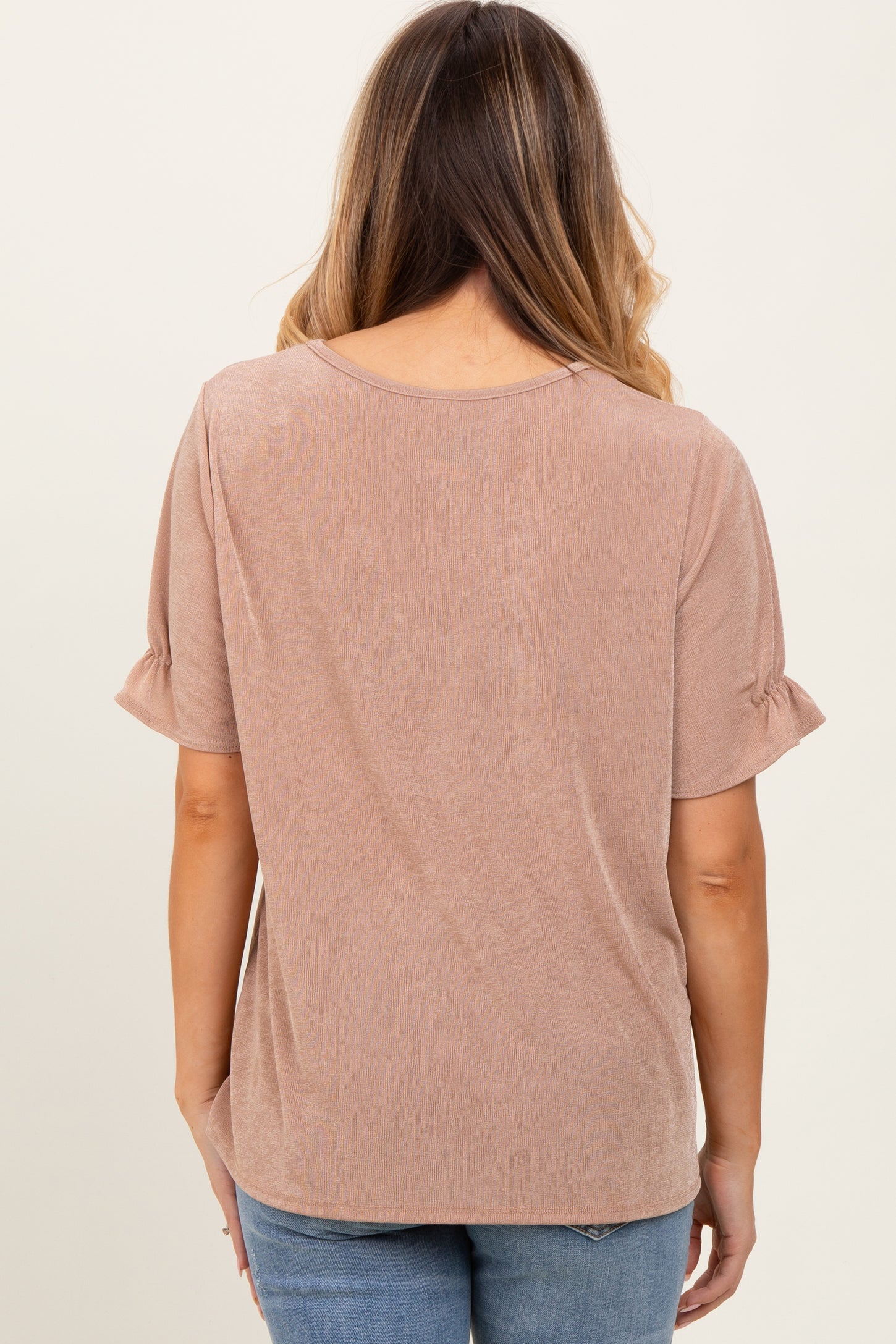 Mocha Relaxed Ruffle Detail Short Sleeve Top