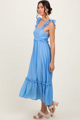 Blue Ruffle Strap Square Neck Midi Dress