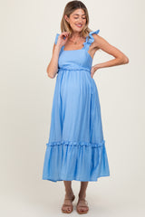 Blue Ruffle Strap Square Neck Maternity Midi Dress