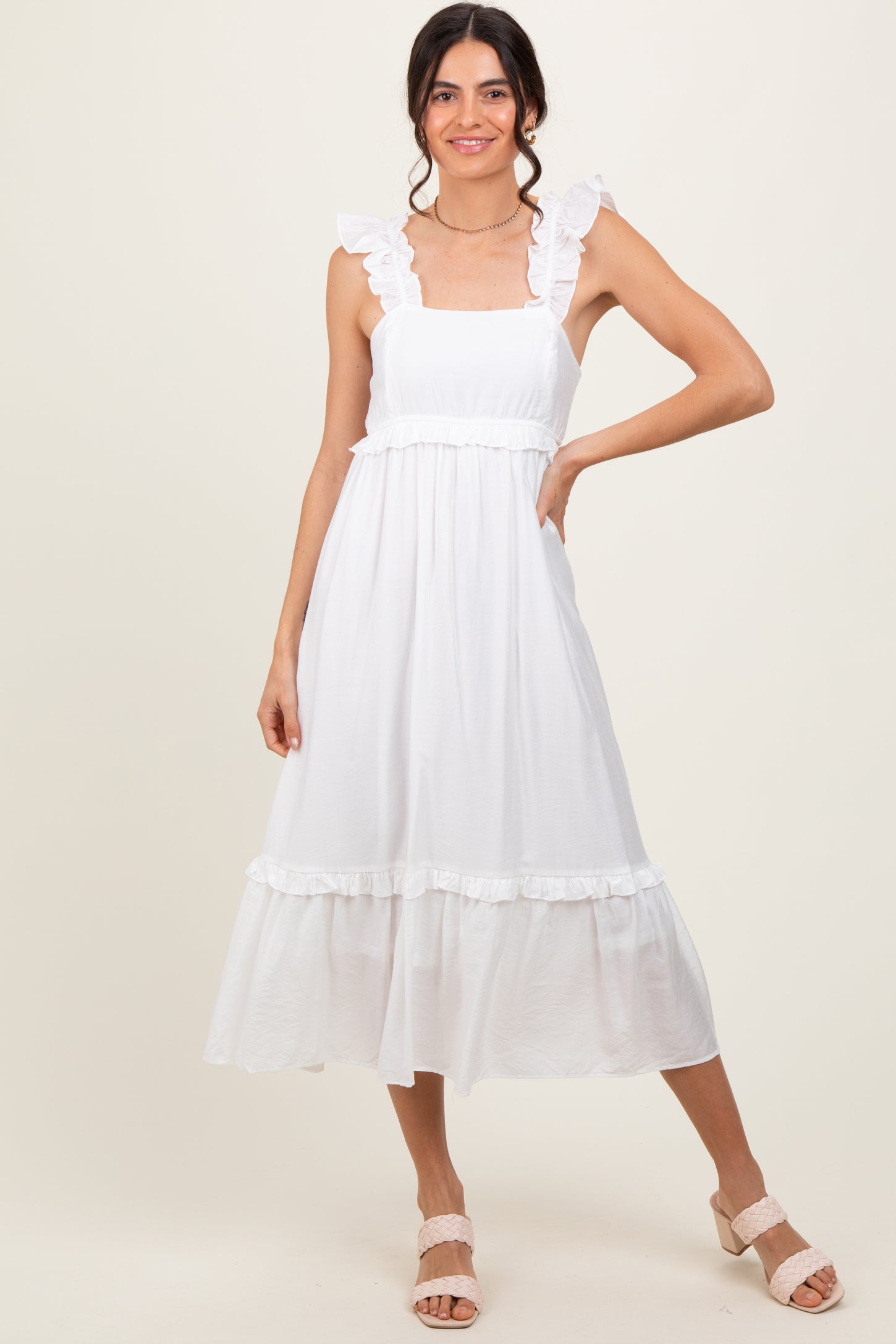 White Ruffle Strap Square Neck Maternity Midi Dress