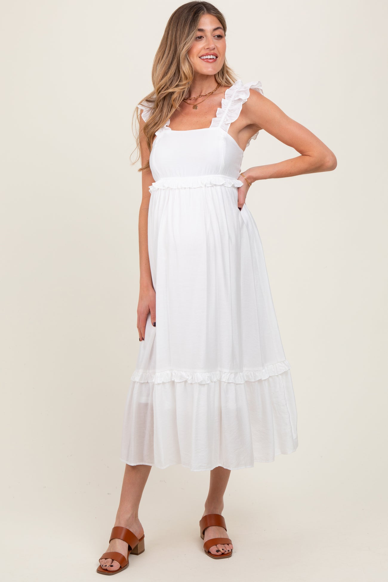 White Ruffle Strap Square Neck Maternity Midi Dress