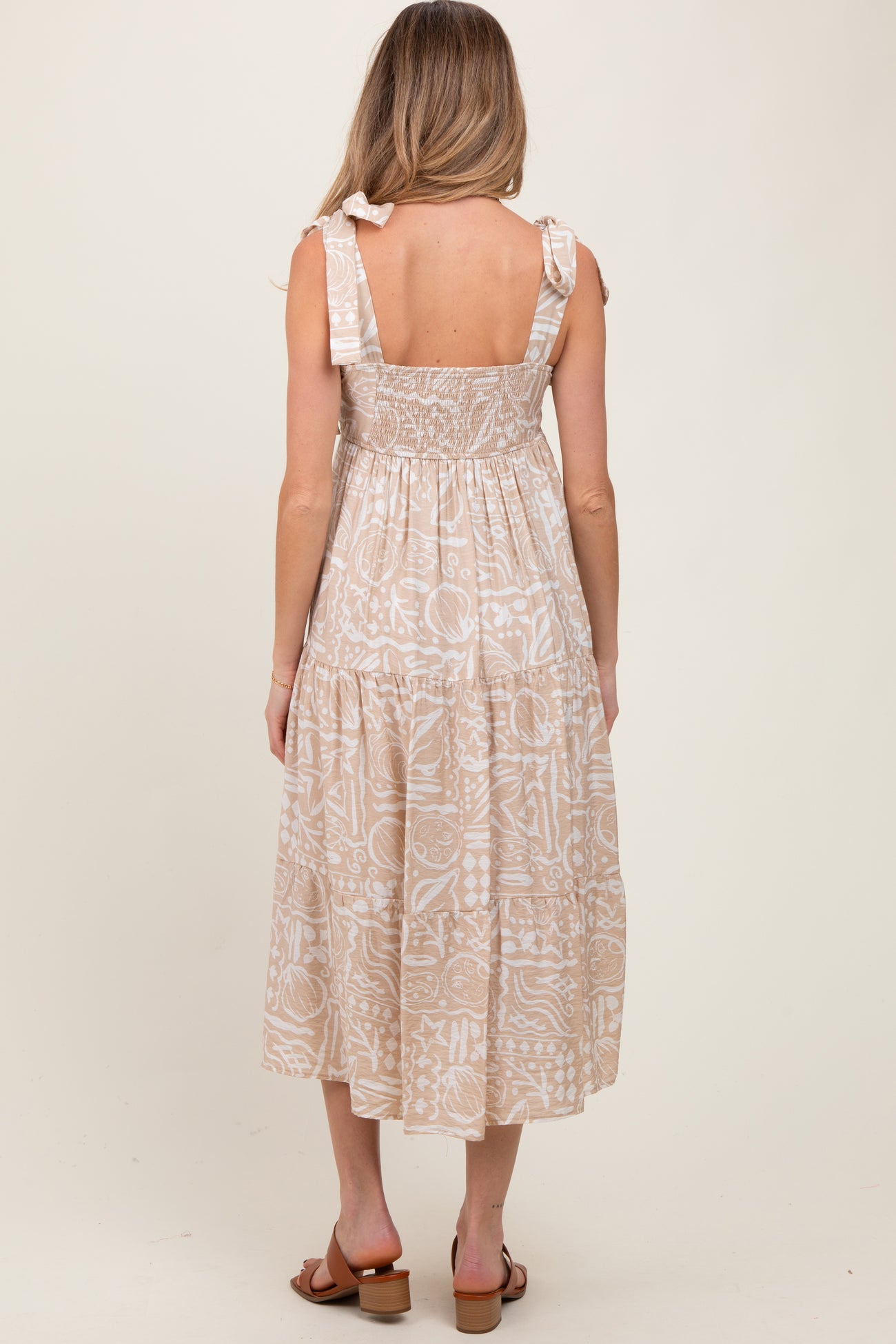 Beige Printed Tie Strap Tiered Maternity Midi Dress