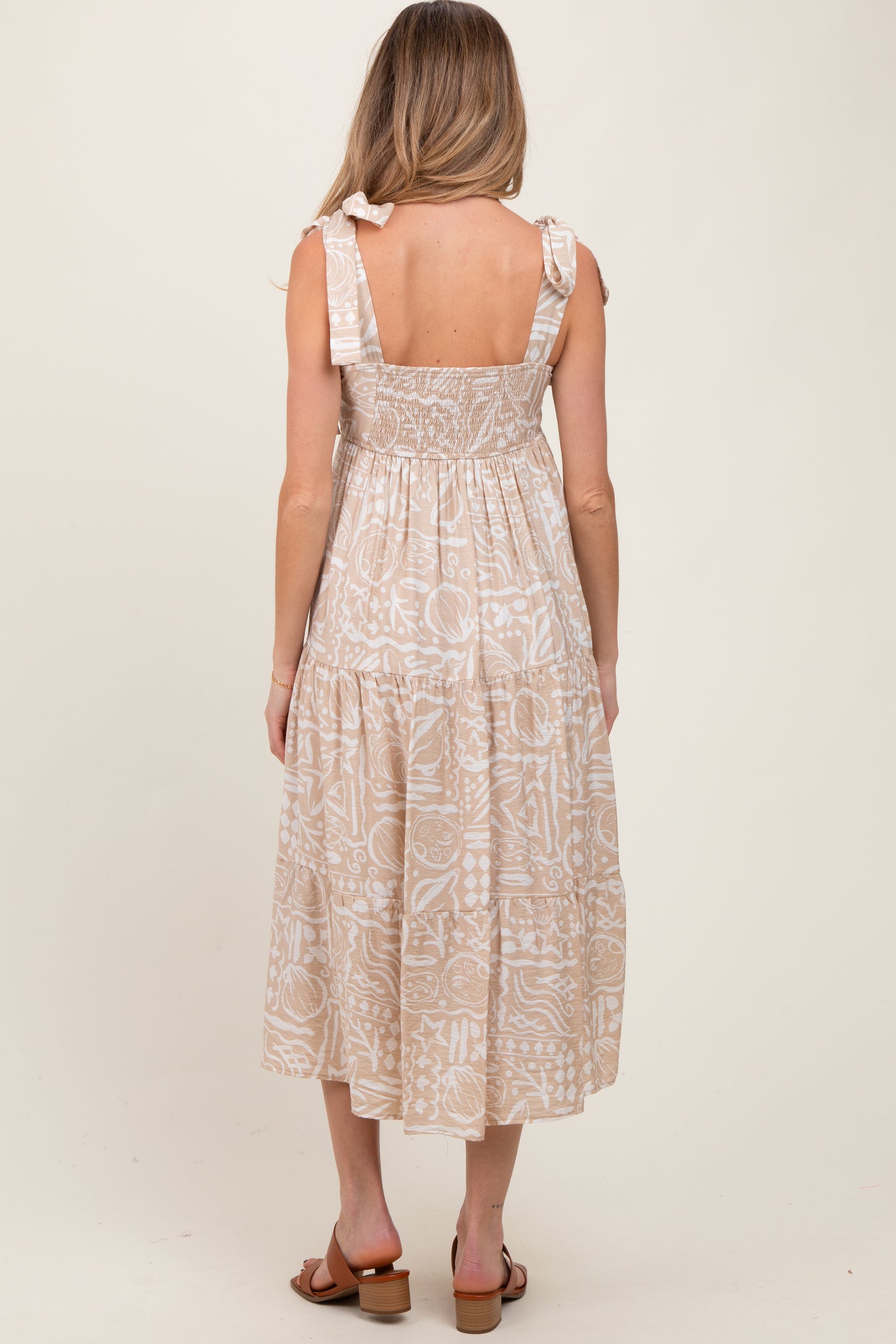 Beige Printed Tie Strap Tiered Maternity Midi Dress