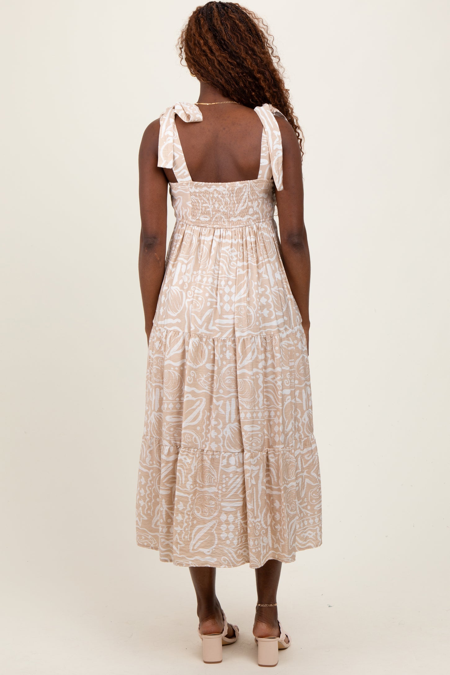 Beige Printed Tie Strap Tiered Midi Dress
