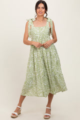 Light Olive Printed Tie Strap Tiered Midi Dress