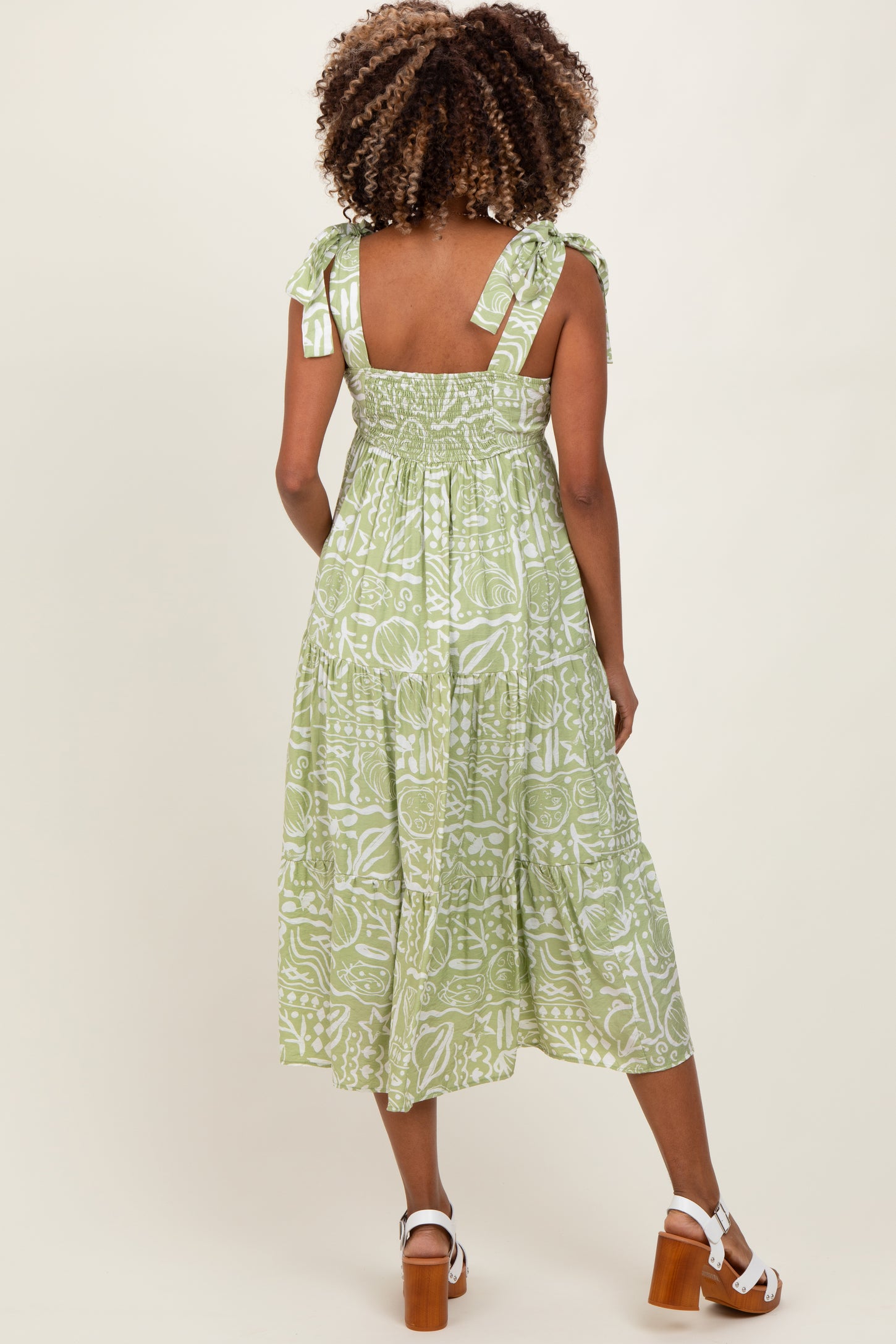 Light Olive Printed Tie Strap Tiered Maternity Midi Dress