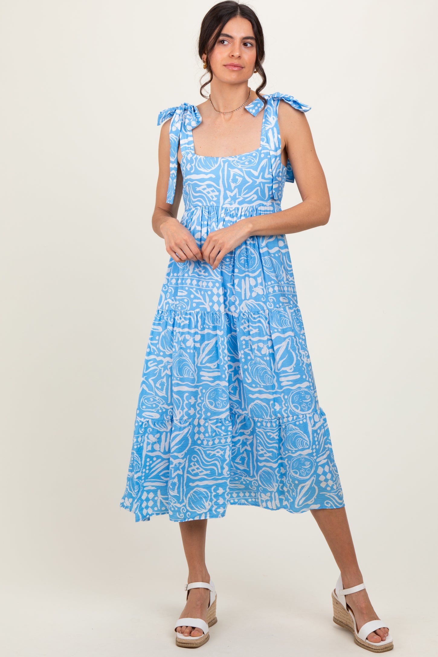 Light Blue Printed Tie Strap Tiered Midi Dress