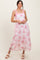Pink Floral Chiffon Overlay Lace Shoulder Tie Midi Dress
