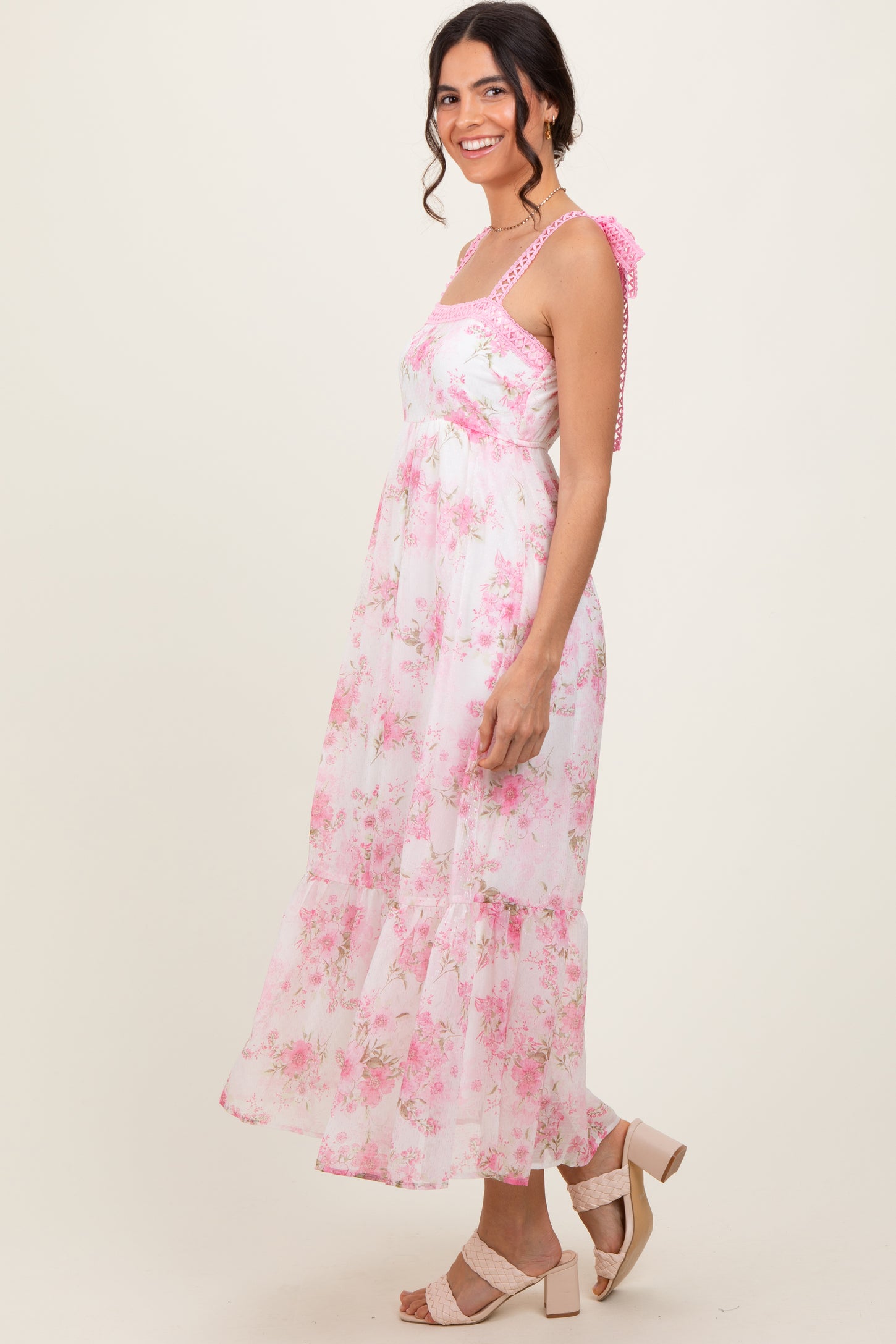 Pink Floral Chiffon Overlay Lace Shoulder Tie Midi Dress