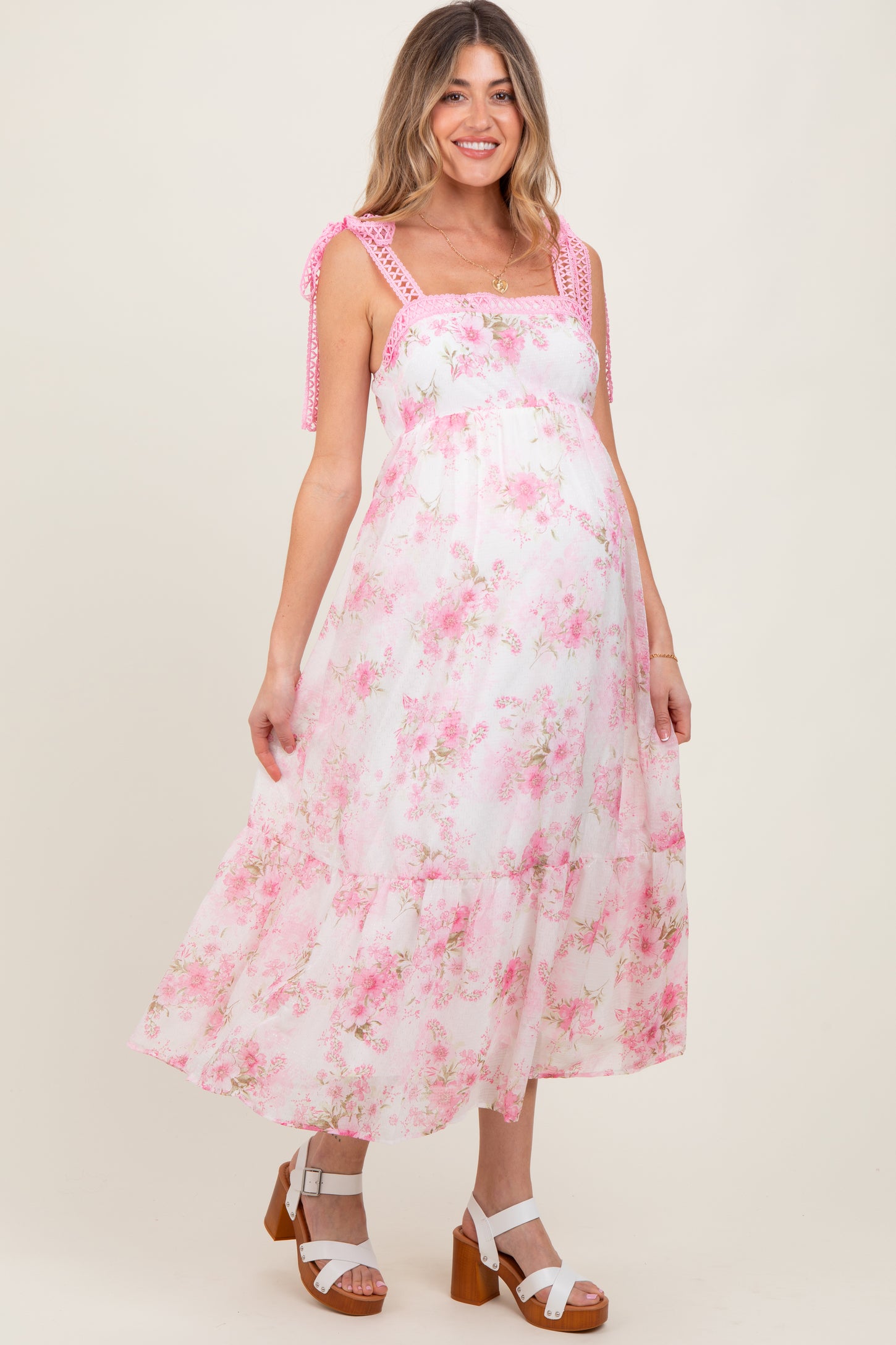 Pink Floral Chiffon Overlay Lace Shoulder Tie Maternity Midi Dress