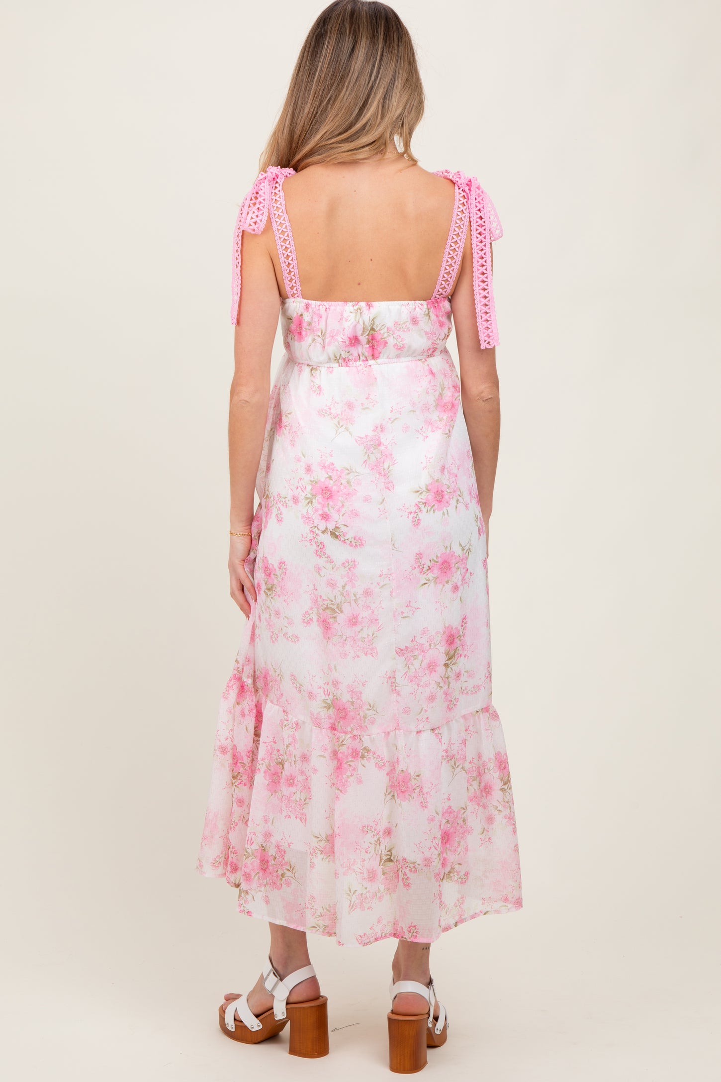 Pink Floral Chiffon Overlay Lace Shoulder Tie Maternity Midi Dress