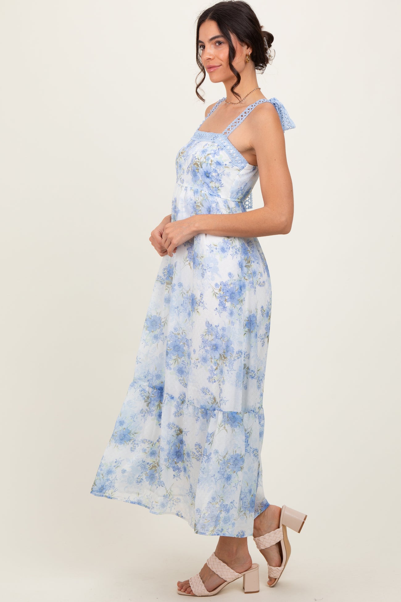 Blue Floral Chiffon Overlay Lace Shoulder Tie Midi Dress