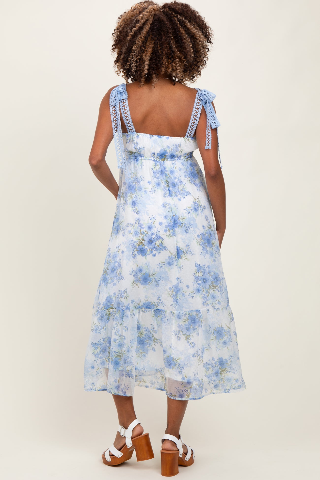 Blue Floral Chiffon Overlay Lace Shoulder Tie Maternity Midi Dress