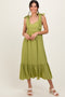 Light Olive Scallop Trim Shoulder Tie Midi Dress