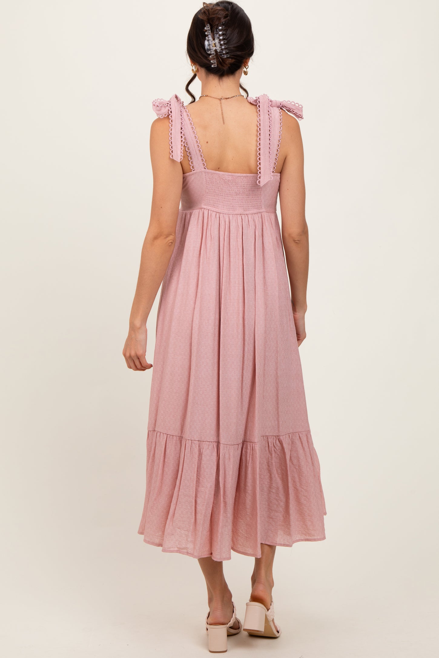 Light Pink Scallop Trim Shoulder Tie Midi Dress