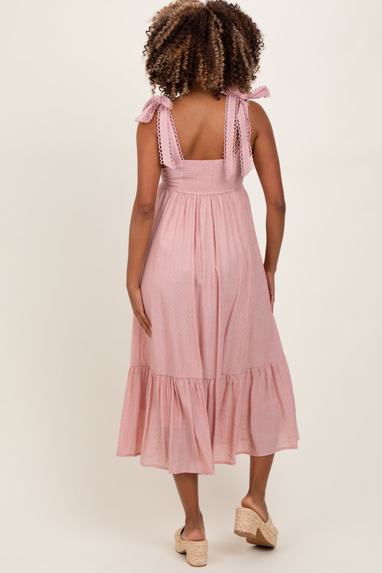 Light Pink Scallop Trim Shoulder Tie Maternity Midi Dress