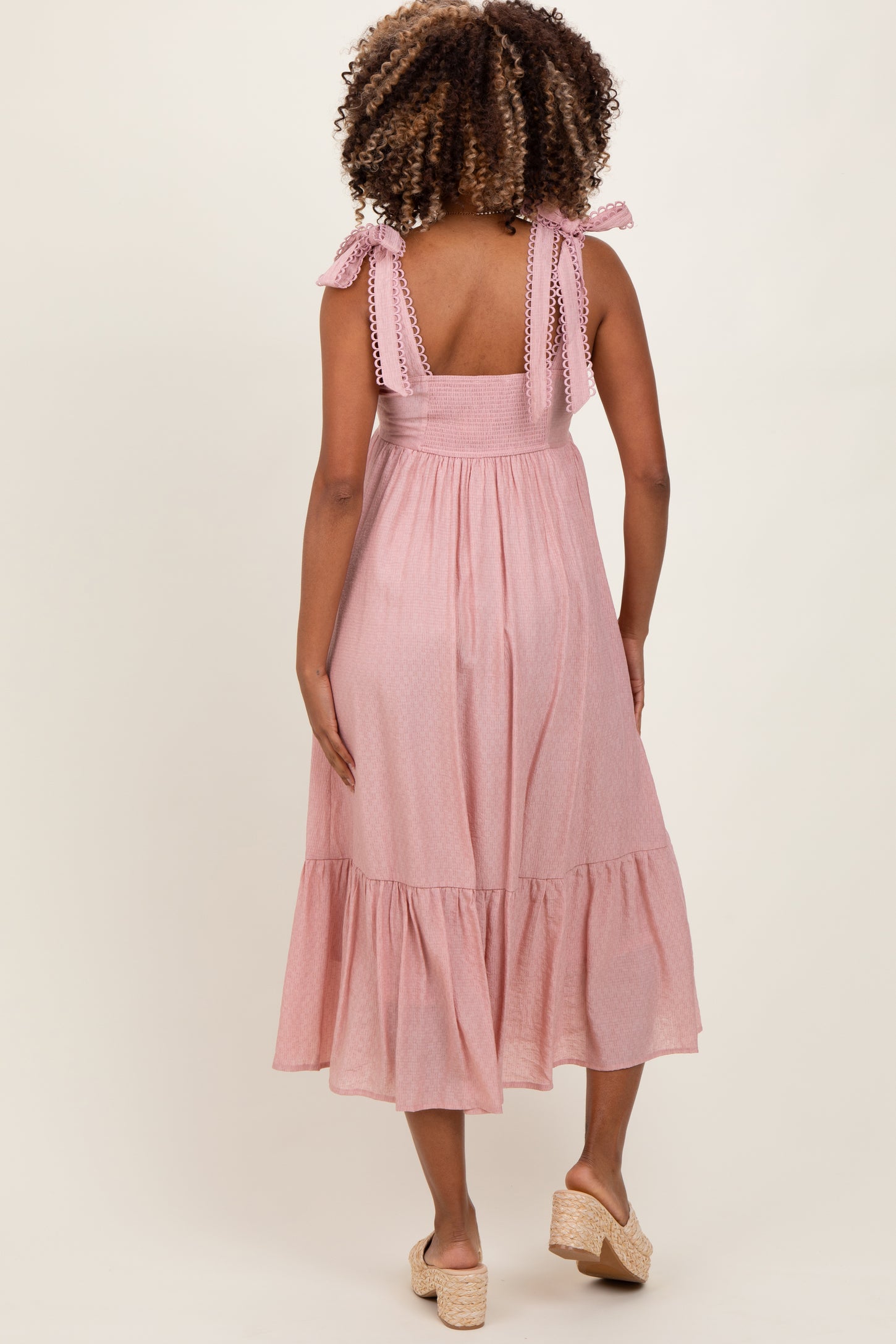 Light Pink Scallop Trim Shoulder Tie Maternity Midi Dress