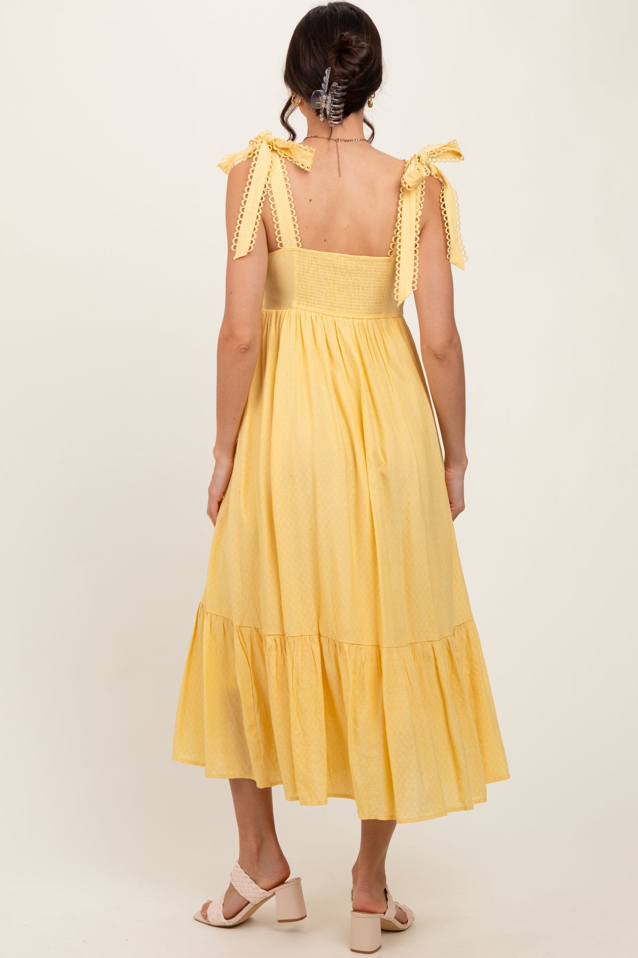 Yellow Scallop Trim Shoulder Tie Midi Dress
