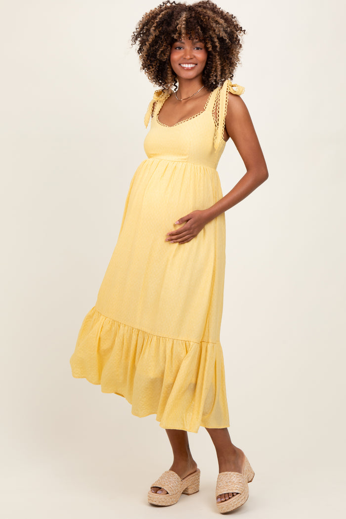 Yellow Scallop Trim Shoulder Tie Maternity Midi Dress