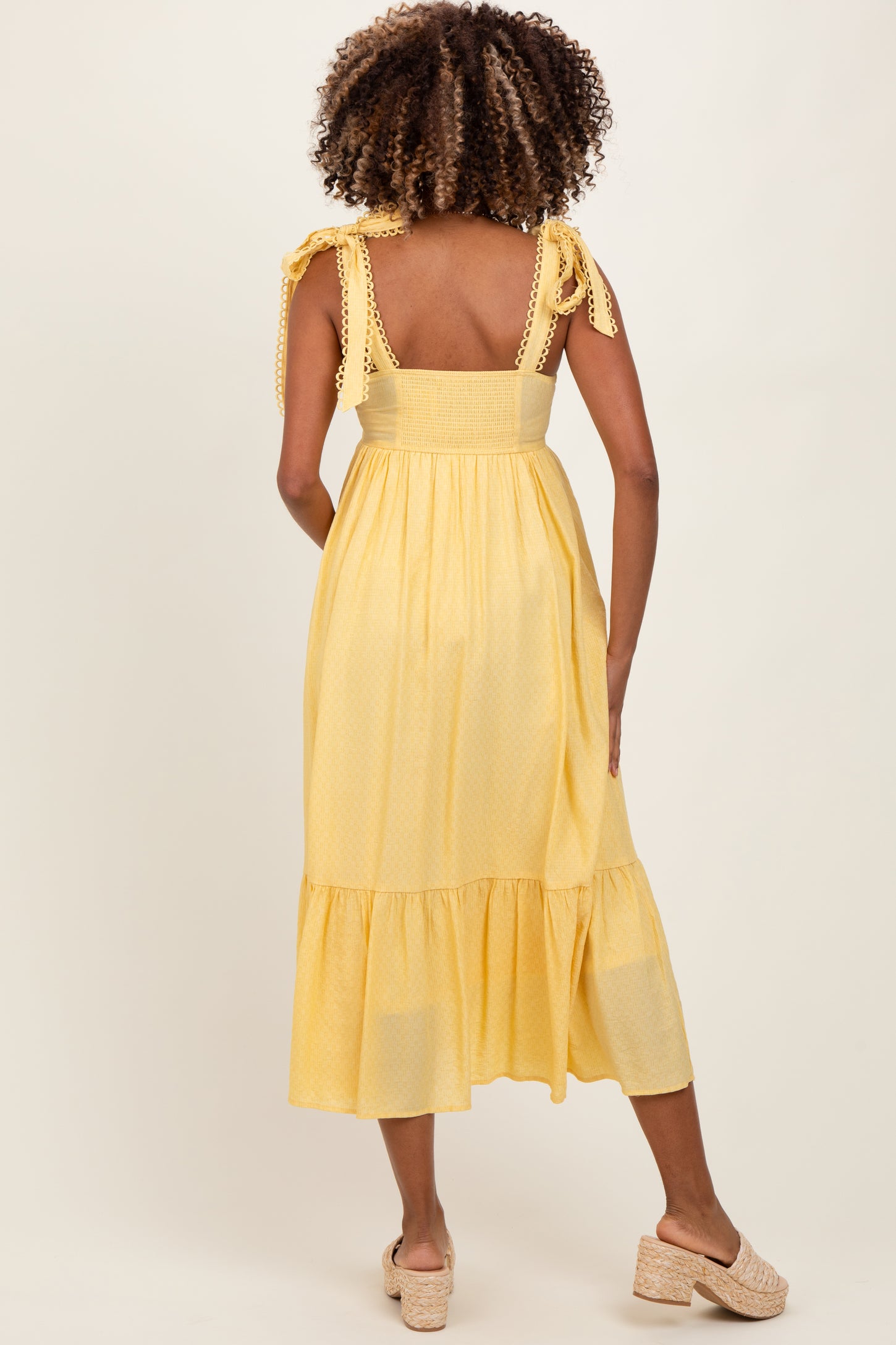 Yellow Scallop Trim Shoulder Tie Maternity Midi Dress