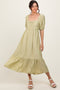 Mint Pleated Bodice Puff Sleeve Midi Dress