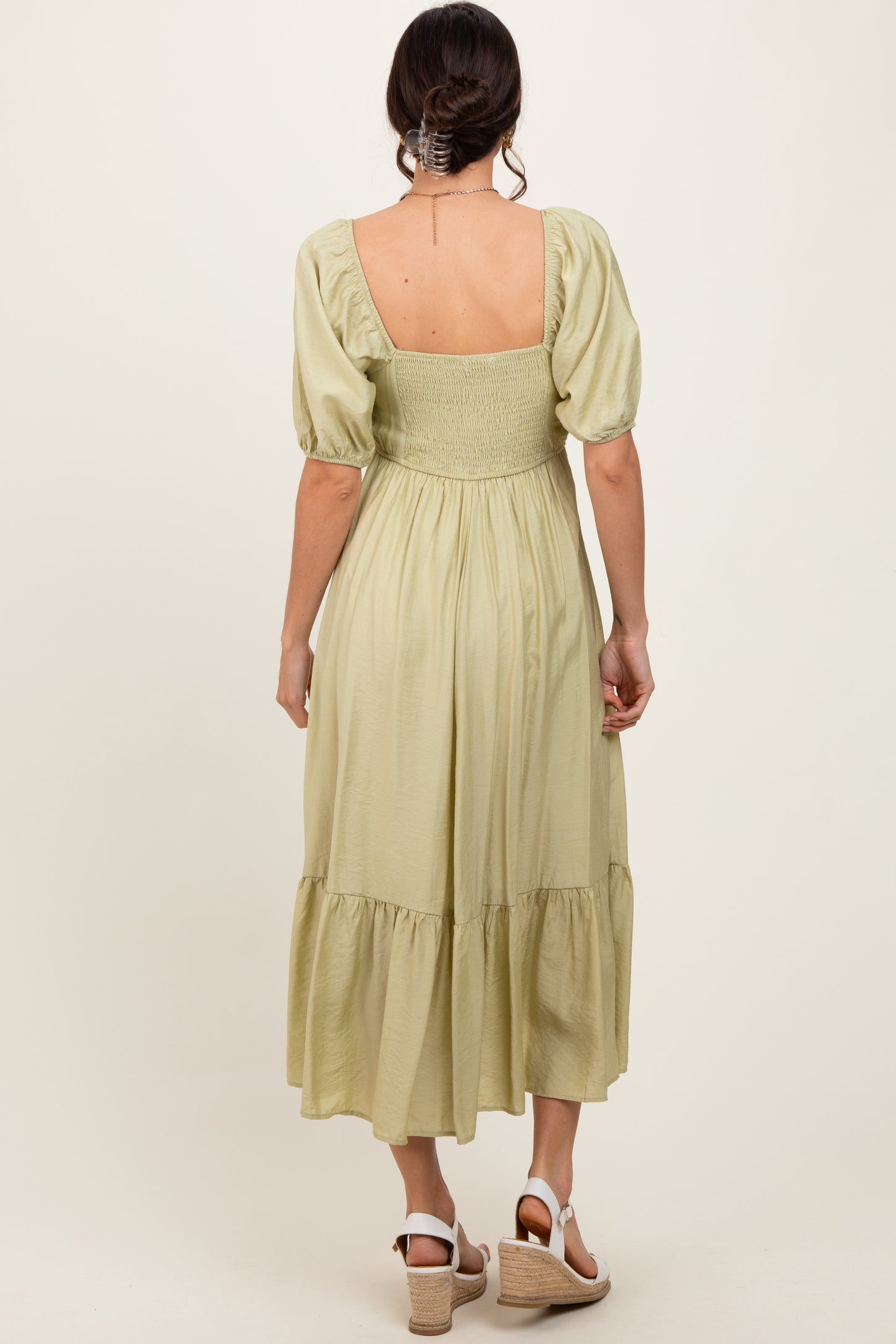 Mint Pleated Bodice Puff Sleeve Midi Dress