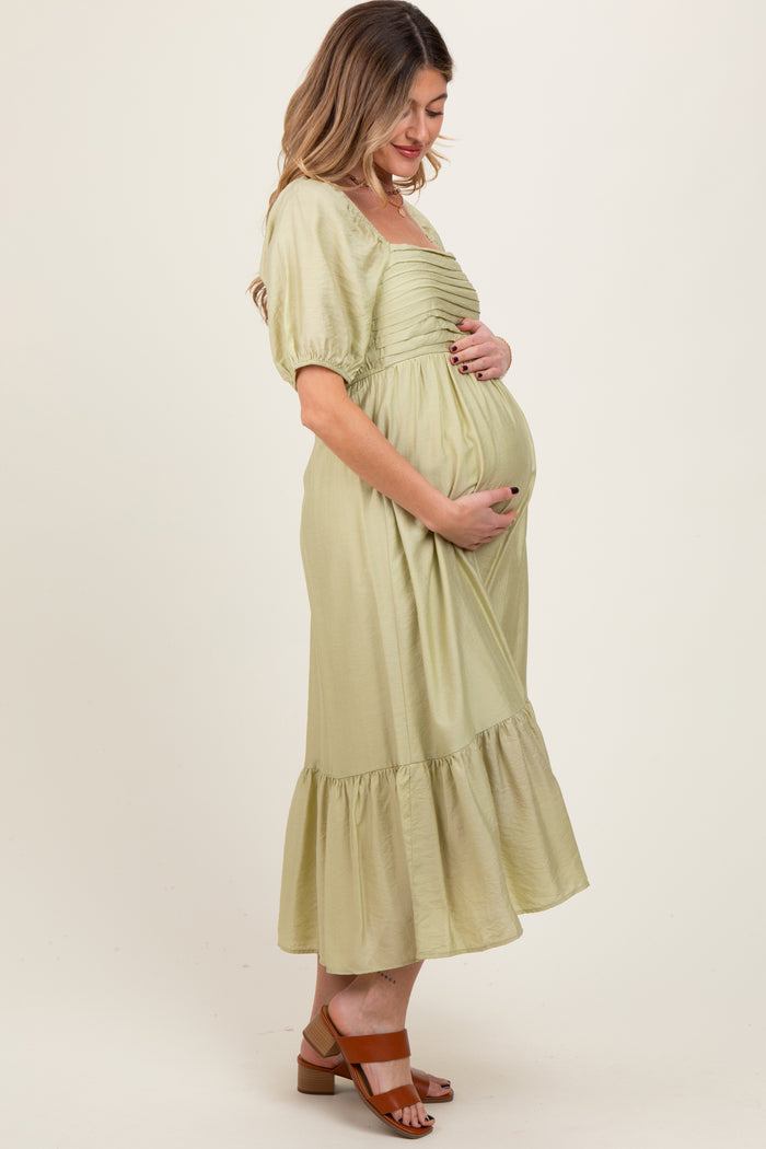 Mint Pleated Bodice Puff Sleeve Maternity Midi Dress