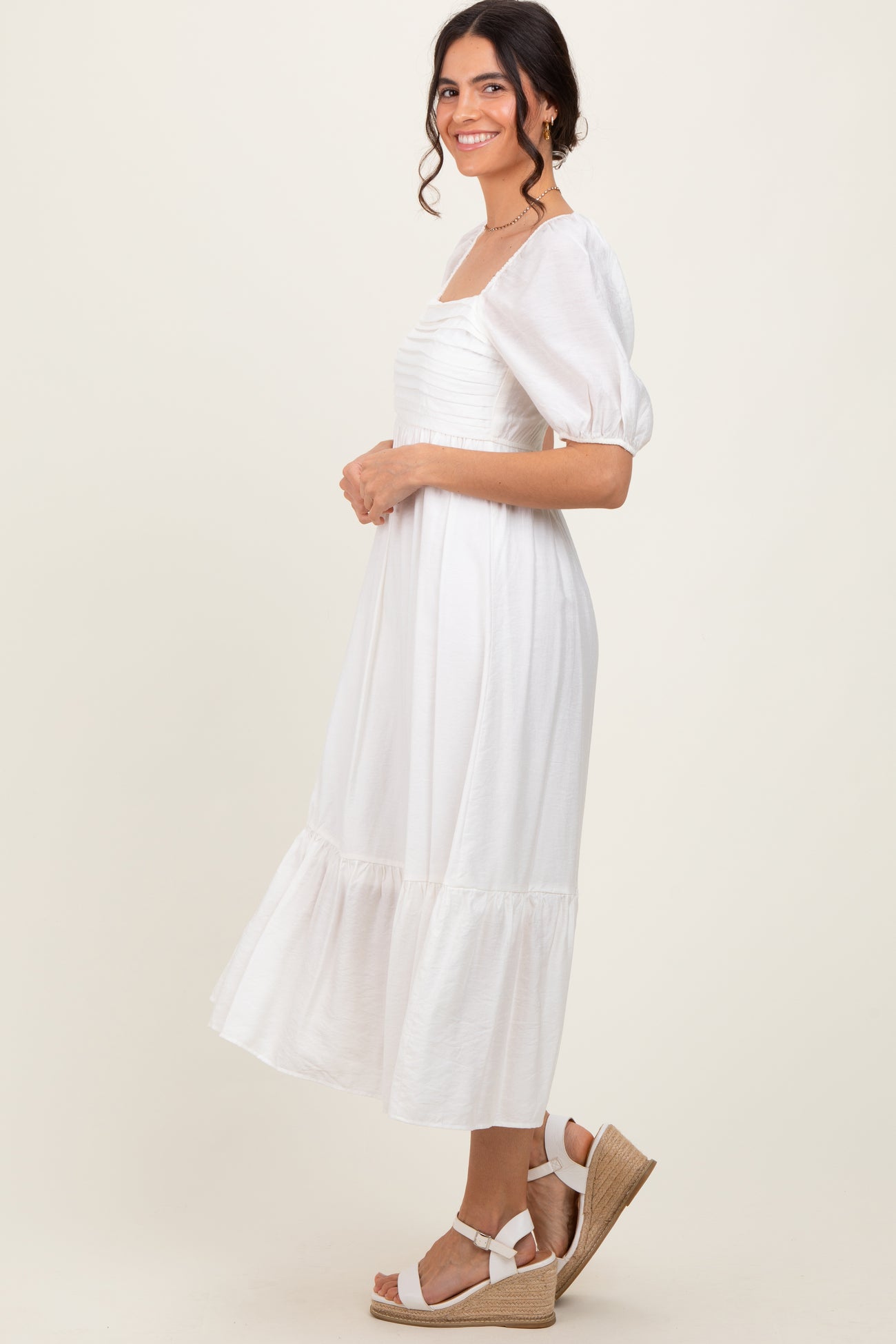 White Pleated Bodice Puff Sleeve Midi Dress
