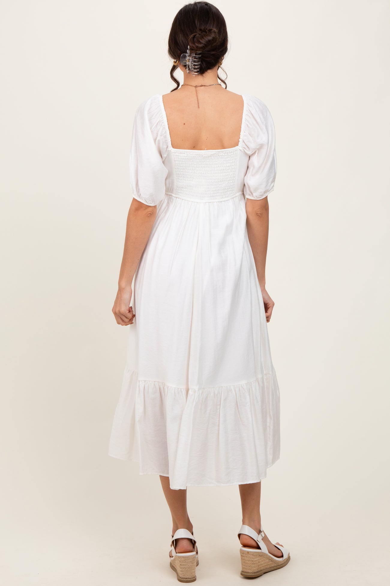 White Pleated Bodice Puff Sleeve Midi Dress