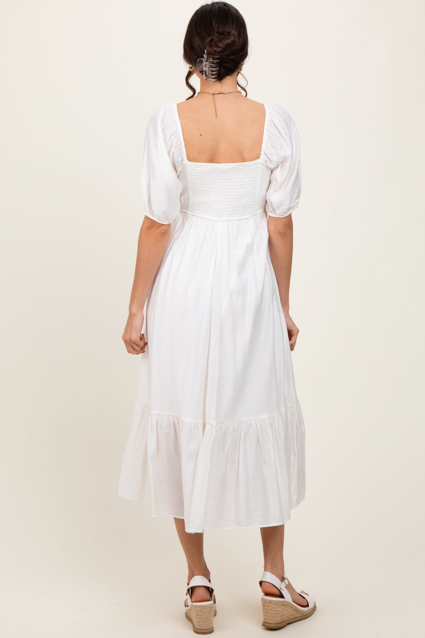 White Pleated Bodice Puff Sleeve Midi Dress
