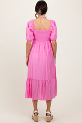 Pink Pleated Bodice Puff Sleeve Midi Dress