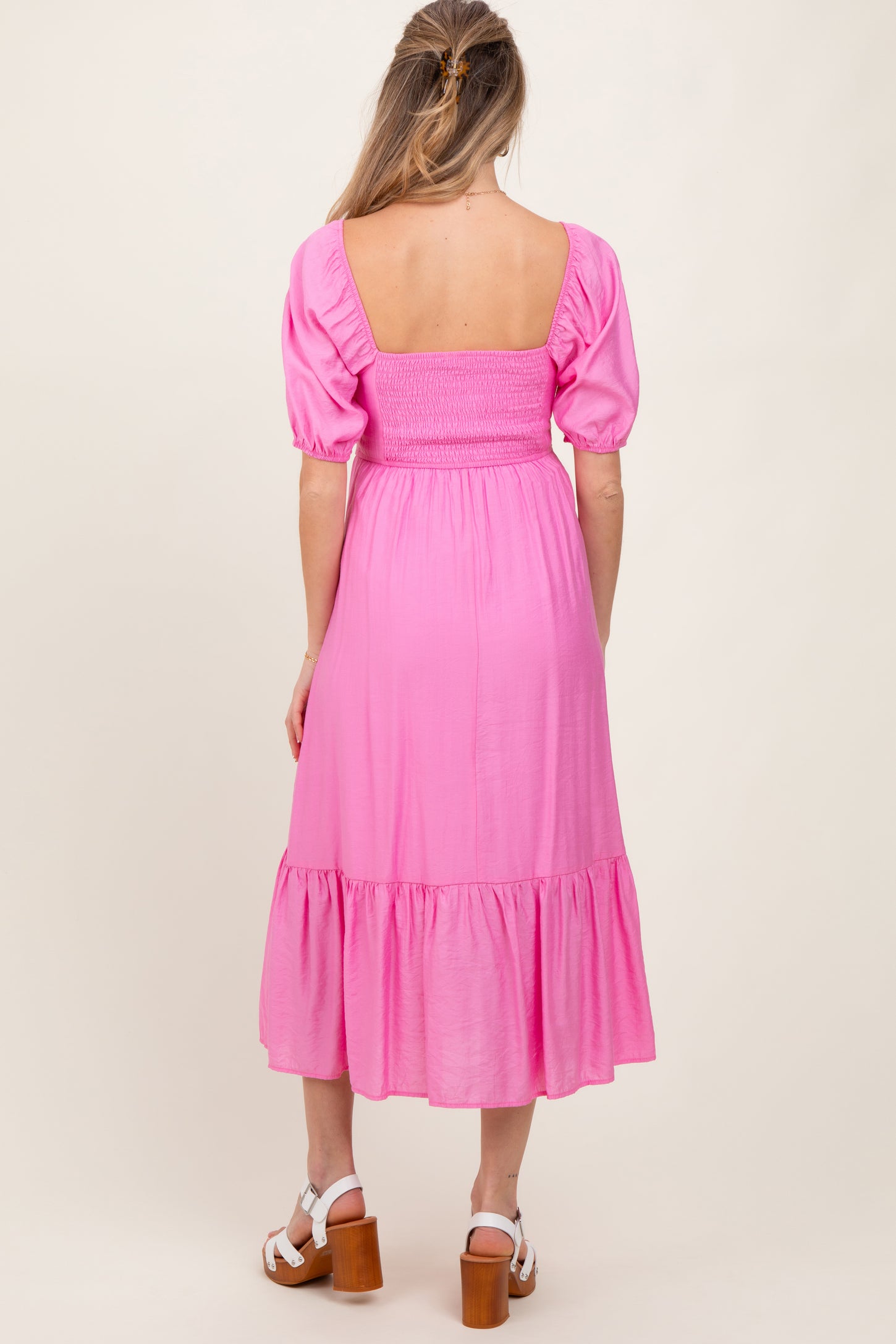 Pink Pleated Bodice Puff Sleeve Maternity Midi Dress