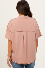 Beige Solid Ribbed Collar V-Neck Maternity Tunic Top