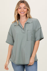 Olive Solid Ribbed Collar V-Neck Tunic Top