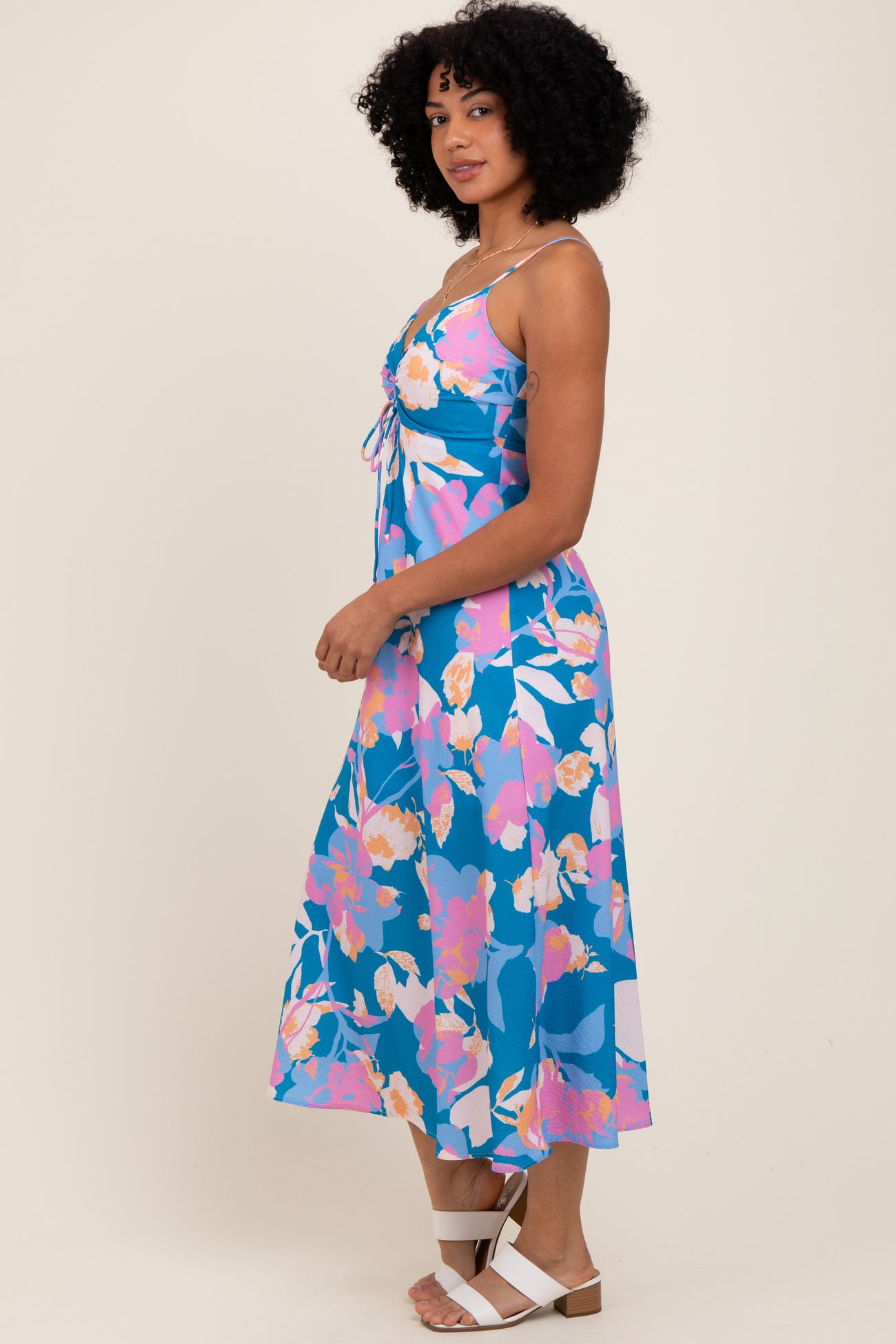 Blue Floral O-Ring Maternity Midi Dress