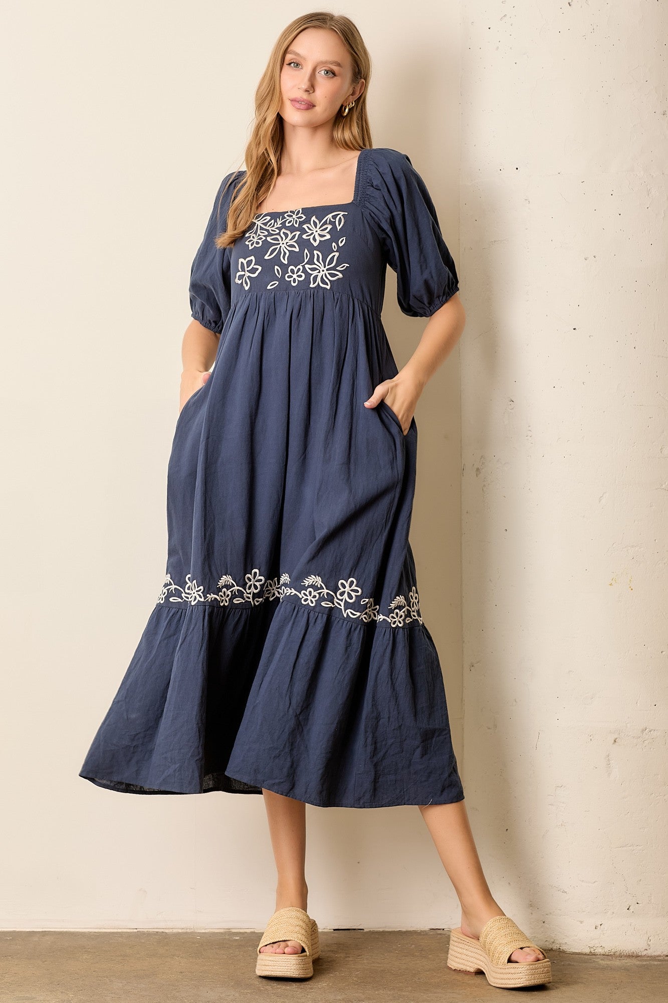 Navy Embroidered Floral Square Neck Maxi Dress