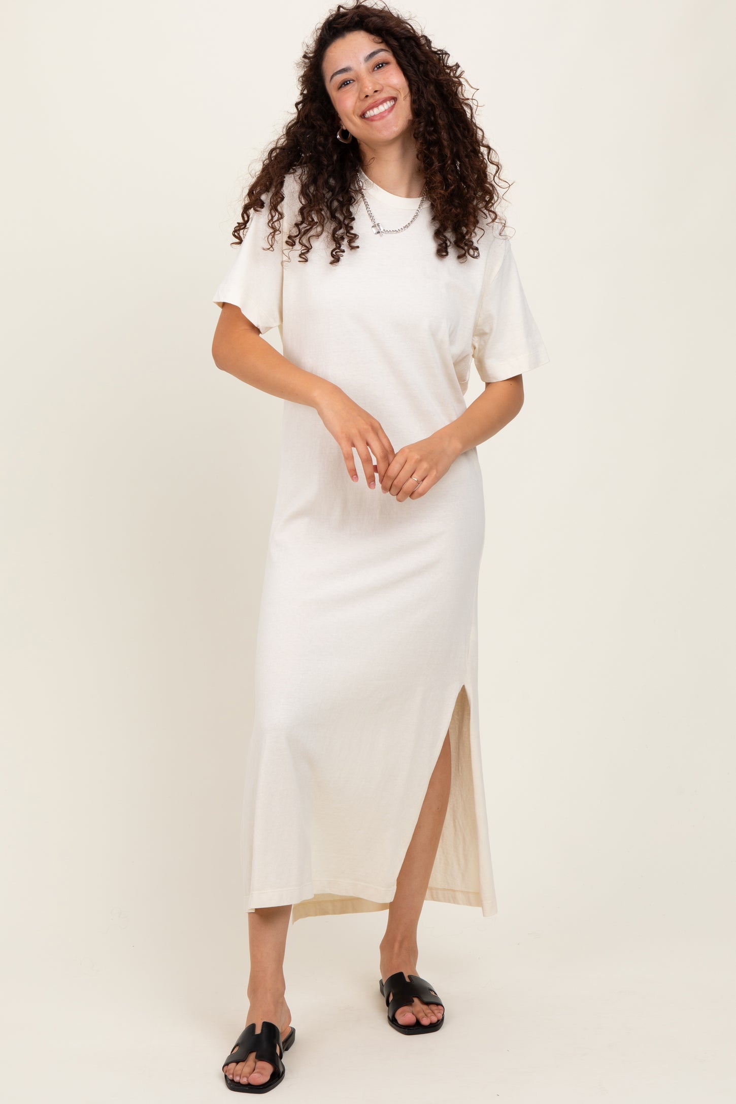 Cream Short Sleeve Knit T-Shirt Maternity Maxi Dress