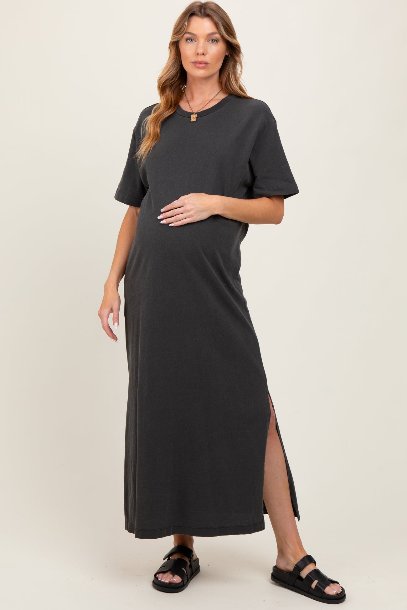 Black Short Sleeve Knit T-Shirt Maternity Maxi Dress
