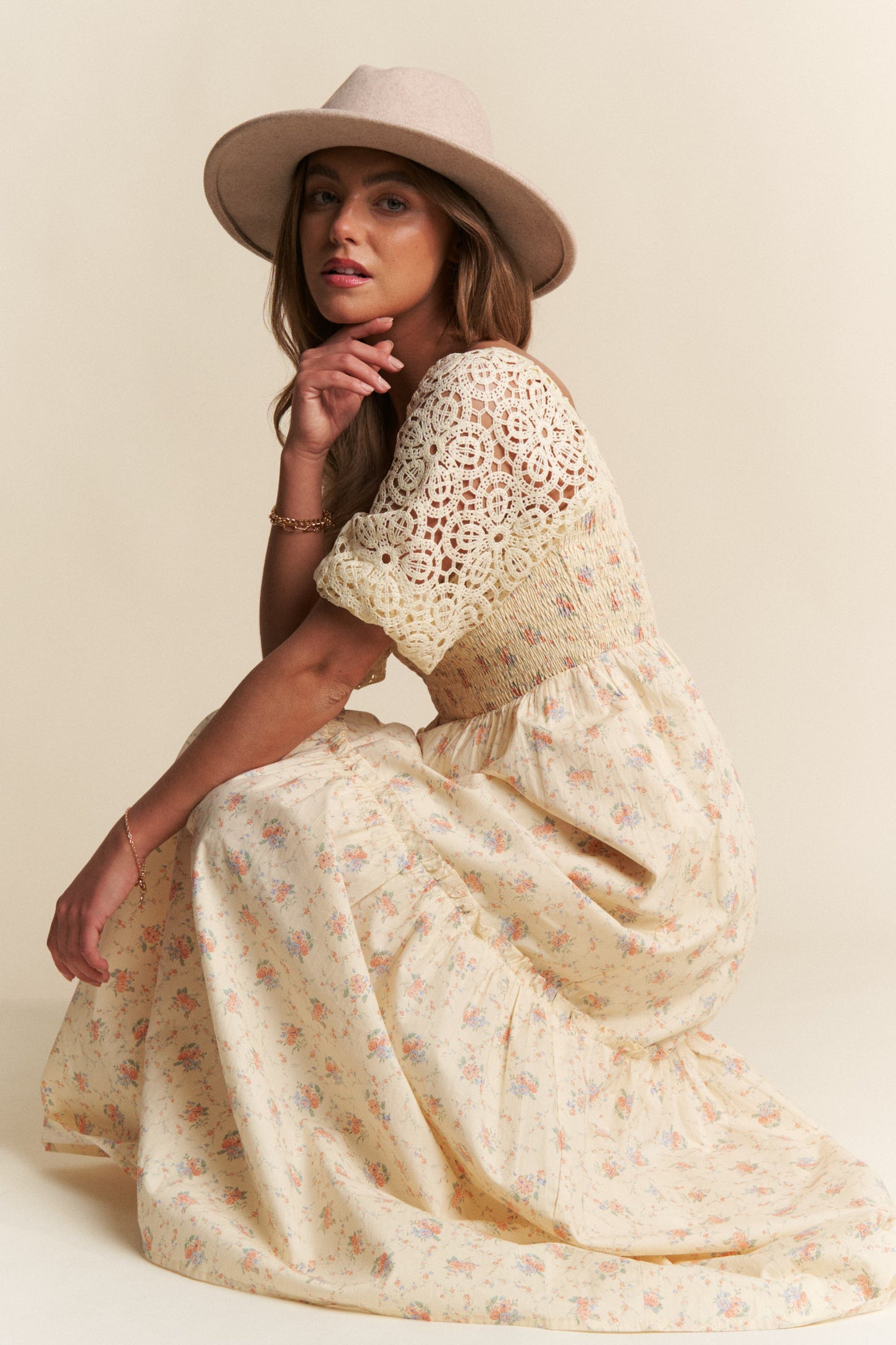 Beige Floral Print Smocked Crochet Tiered Maxi Dress