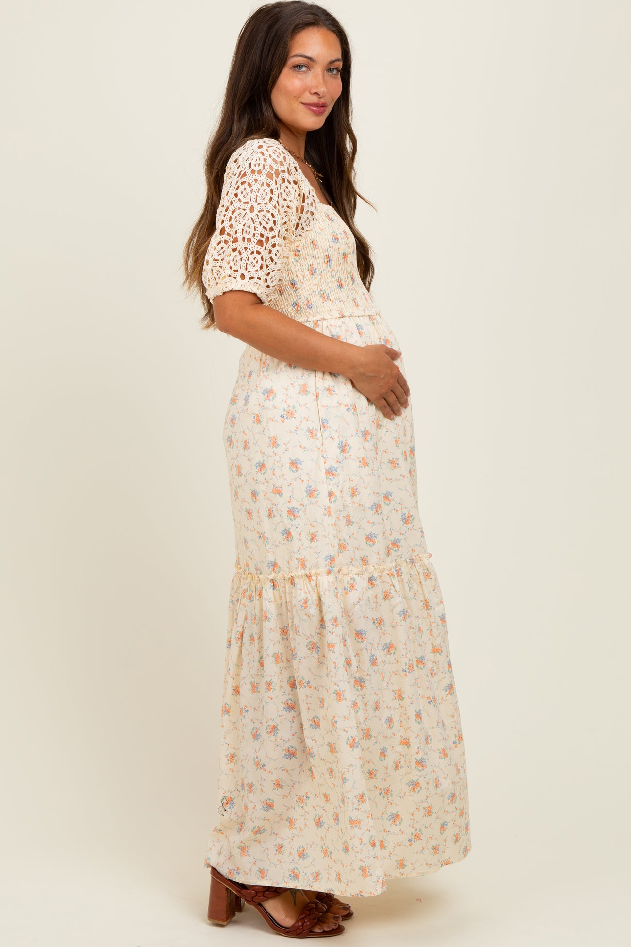 Beige Floral Print Smocked Crochet Tiered Maternity Maxi Dress