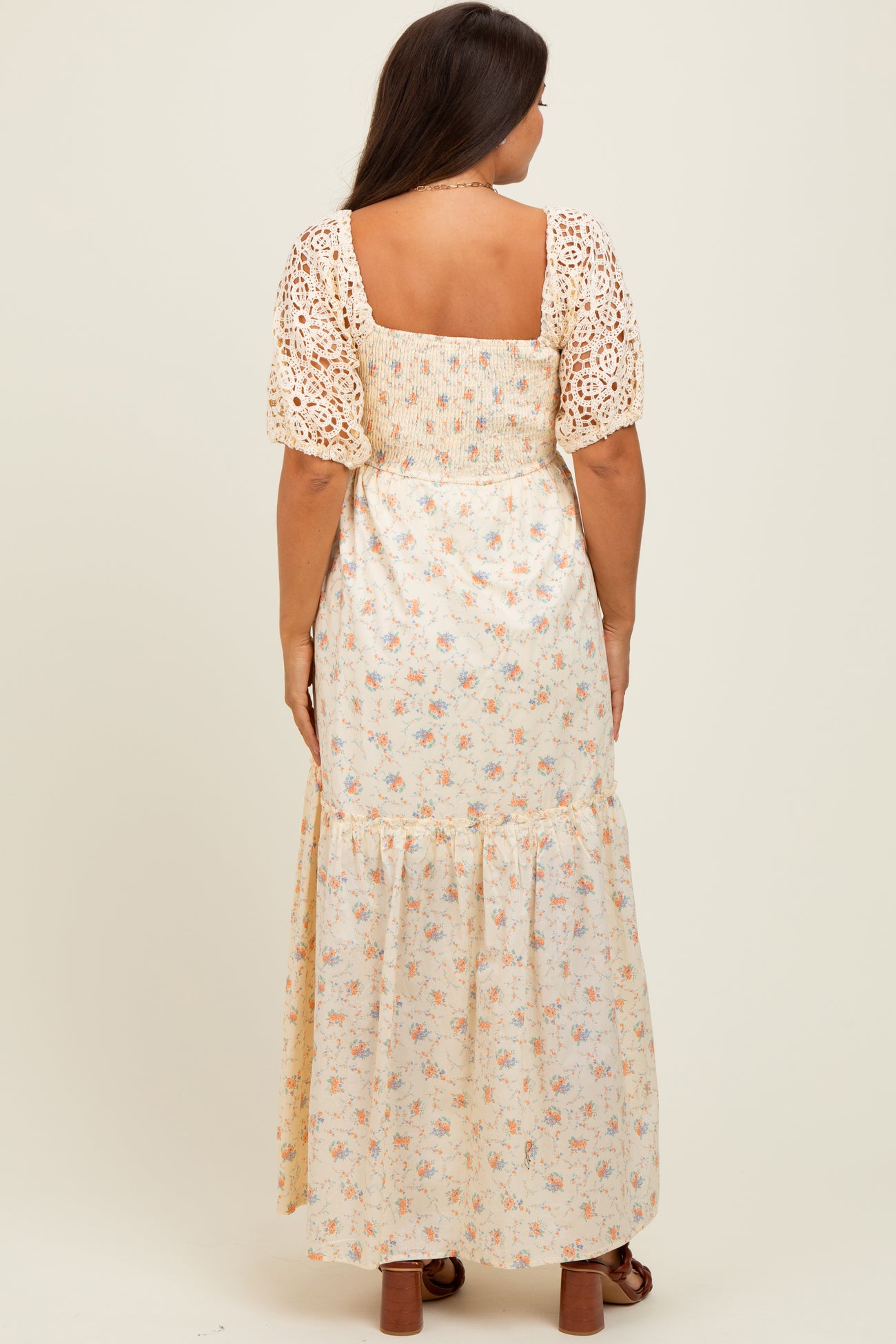 Beige Floral Print Smocked Crochet Tiered Maternity Maxi Dress