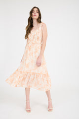 Peach Floral Smocked Shoulder Tie Maternity Midi Dress