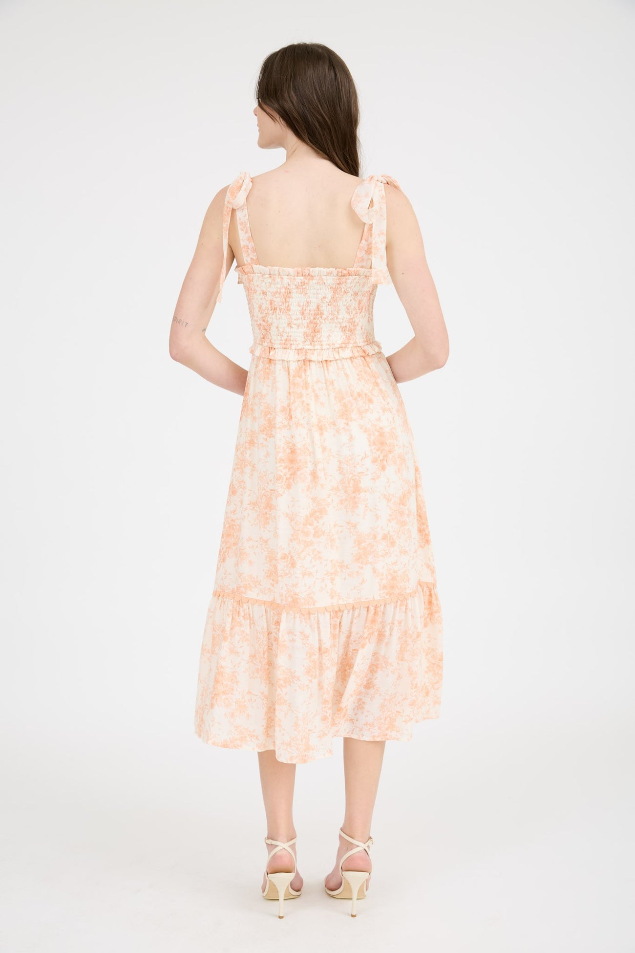 Peach Floral Smocked Shoulder Tie Midi Dress