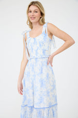 Light Blue Floral Smocked Shoulder Tie Midi Dress