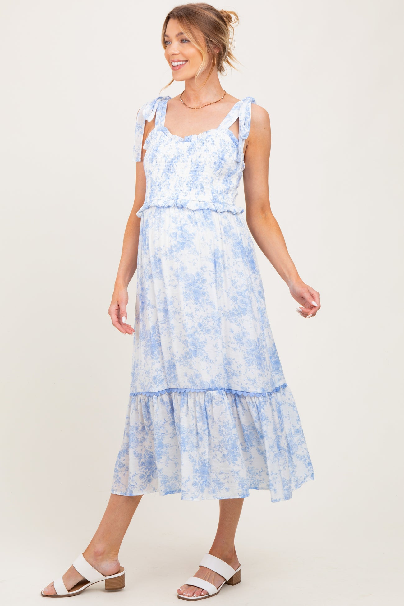 Light Blue Floral Smocked Shoulder Tie Maternity Midi Dress