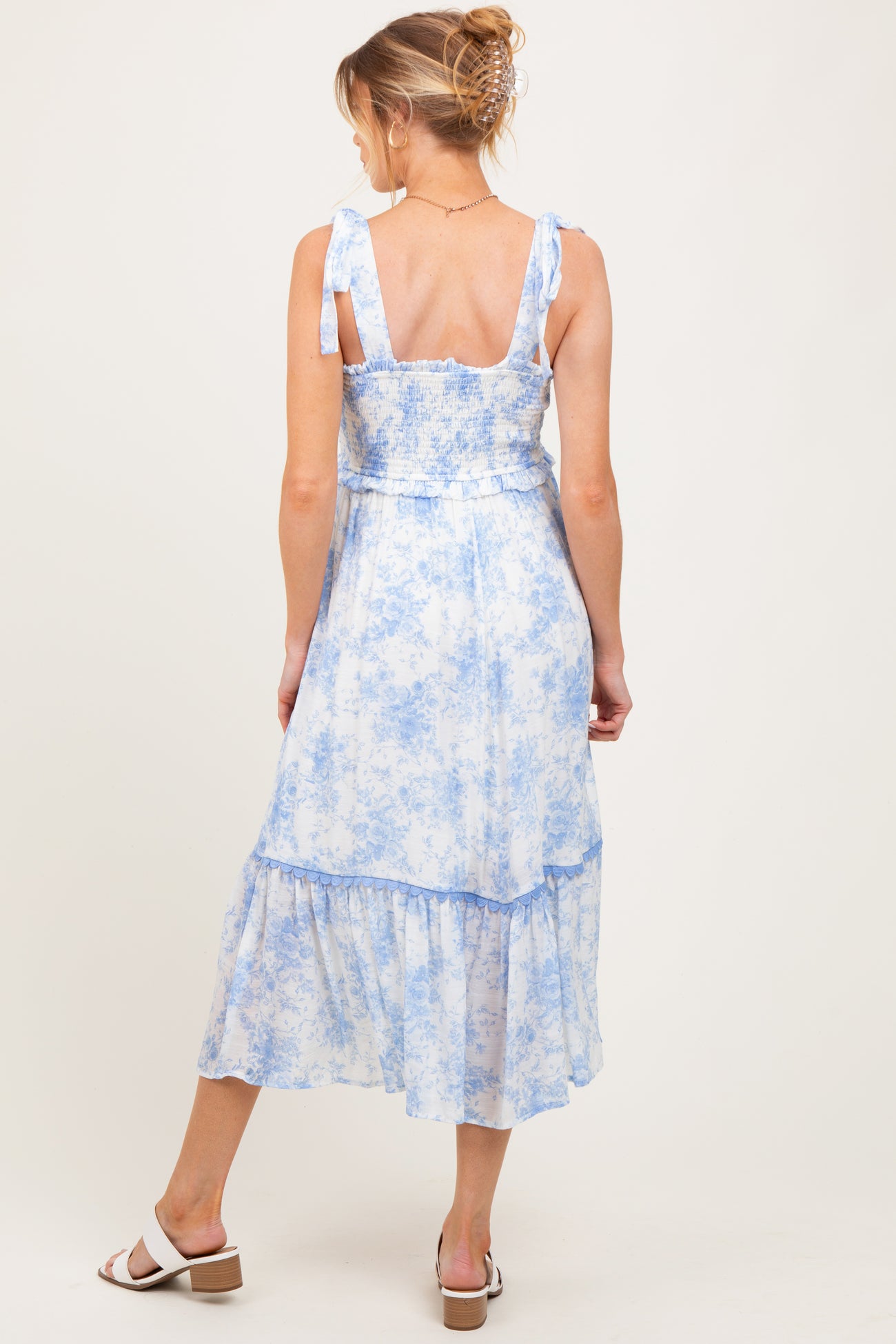 Light Blue Floral Smocked Shoulder Tie Maternity Midi Dress