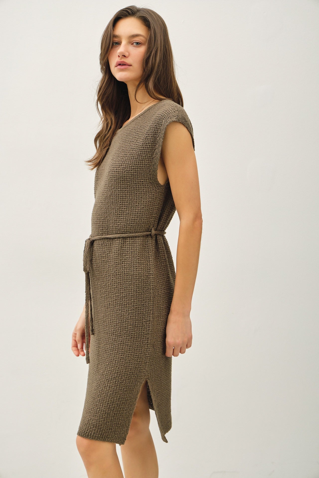 Olive Waffle Knit Sash Tie Short Sleeve Dress