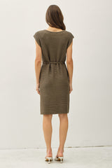 Olive Waffle Knit Sash Tie Short Sleeve Dress