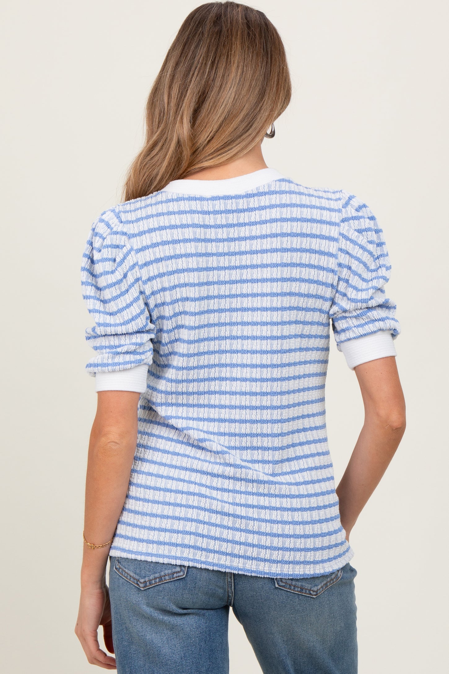 Blue Textured Stripe Puff Sleeve Maternity Top